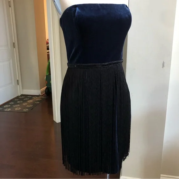 Midnight Blue Beaded Long Fringe Strapless Dress NWOT